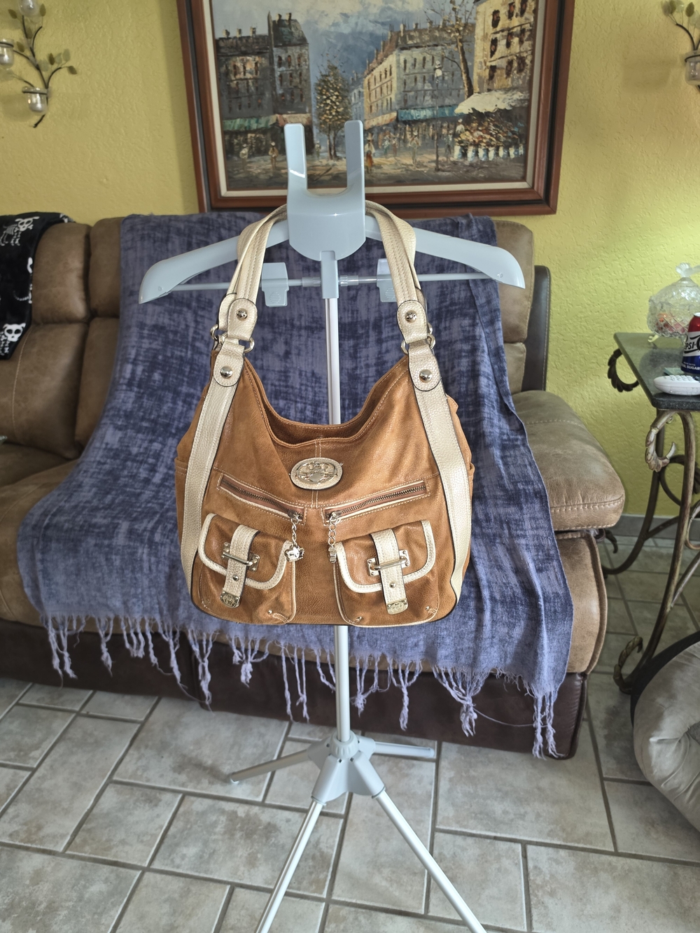 Brown Suede Shoulder Bag with Cream Straps